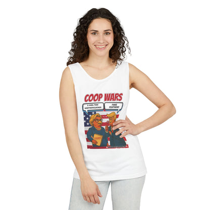 Coop Wars™ Unisex Tank Top – Hilaregg Cluckton vs. Cock-a-Doodle-Don | Political Satire Sleeveless Tee