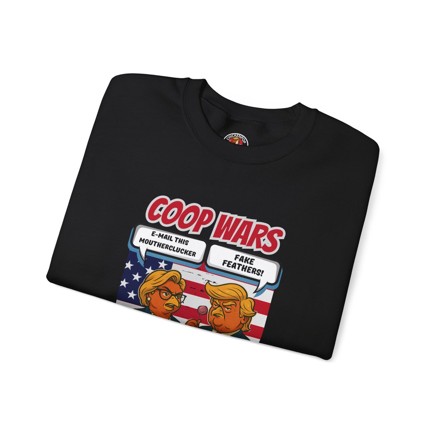 Coop Wars Crewneck Sweatshirt – Funny Political Graphic Pullover | Unisex Heavy Blend with ChickenPop Logo | Ethically Made & Cozy Cold-Weather Humor
