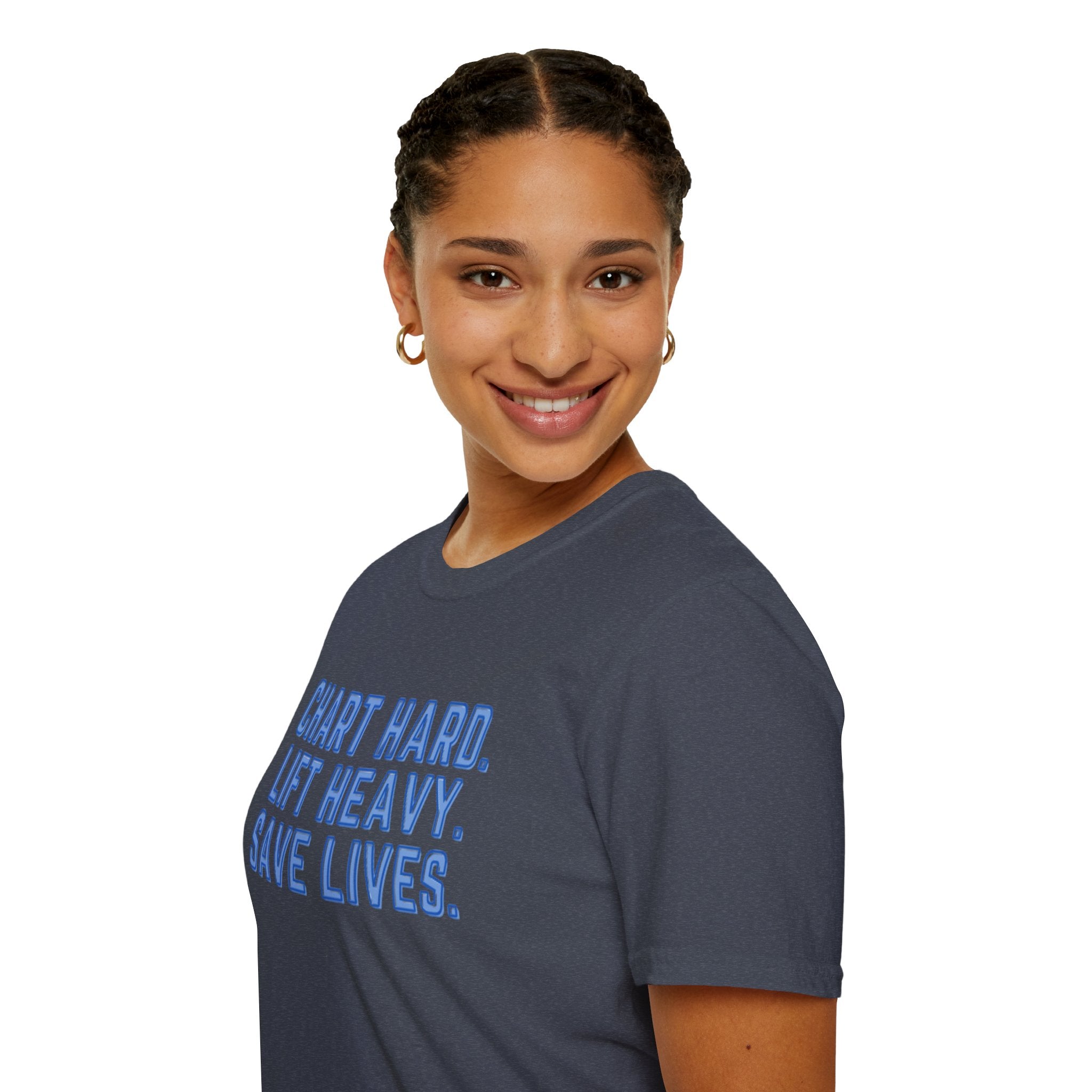 Chart Hard. Lift Heavy. Save Lives. Nurse Tee | Funny Fitness Healthcare Worker Shirt | Gym RN Apparel