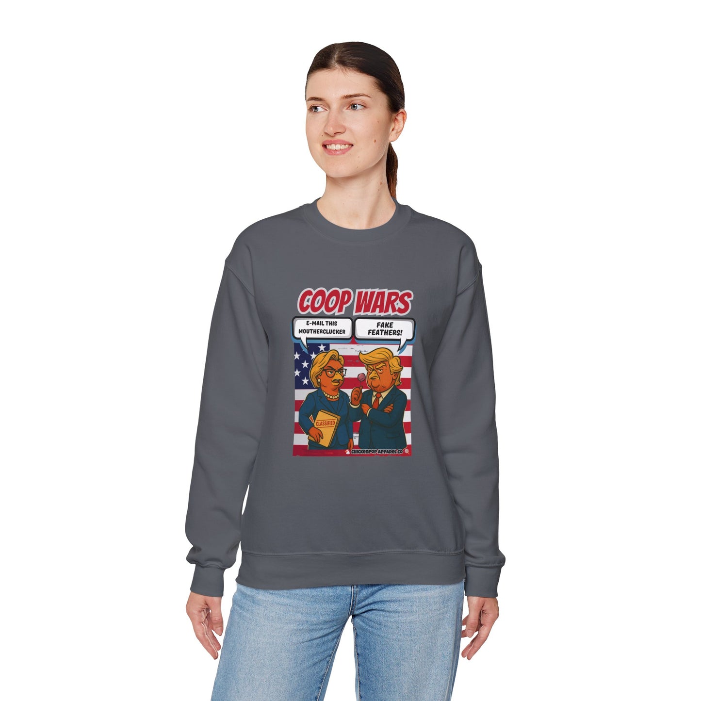 Coop Wars Crewneck Sweatshirt – Funny Political Graphic Pullover | Unisex Heavy Blend with ChickenPop Logo | Ethically Made & Cozy Cold-Weather Humor