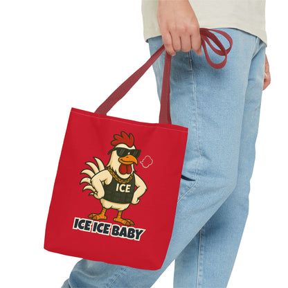 Ice Ice Baby Chicken Tote Bag – Funny Coop Daddy Design, Bold Red Reusable Shopping Bag