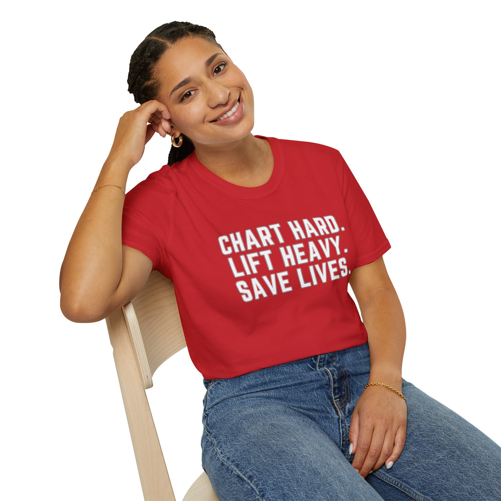 Chart Hard. Lift Heavy. Save Lives. Nurse Tee | Funny Fitness Healthcare Worker Shirt | Gym RN Apparel