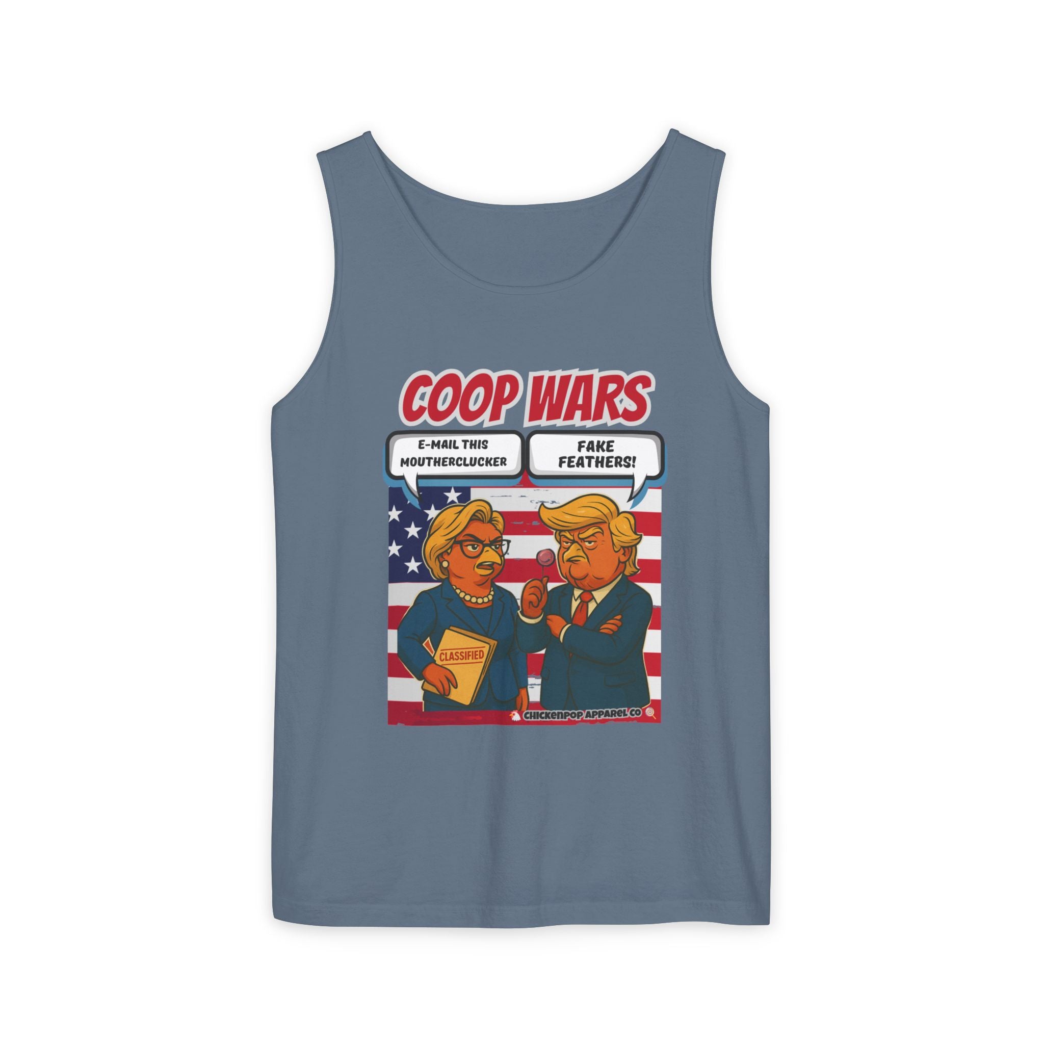 Coop Wars™ Unisex Tank Top – Hilaregg Cluckton vs. Cock-a-Doodle-Don | Political Satire Sleeveless Tee