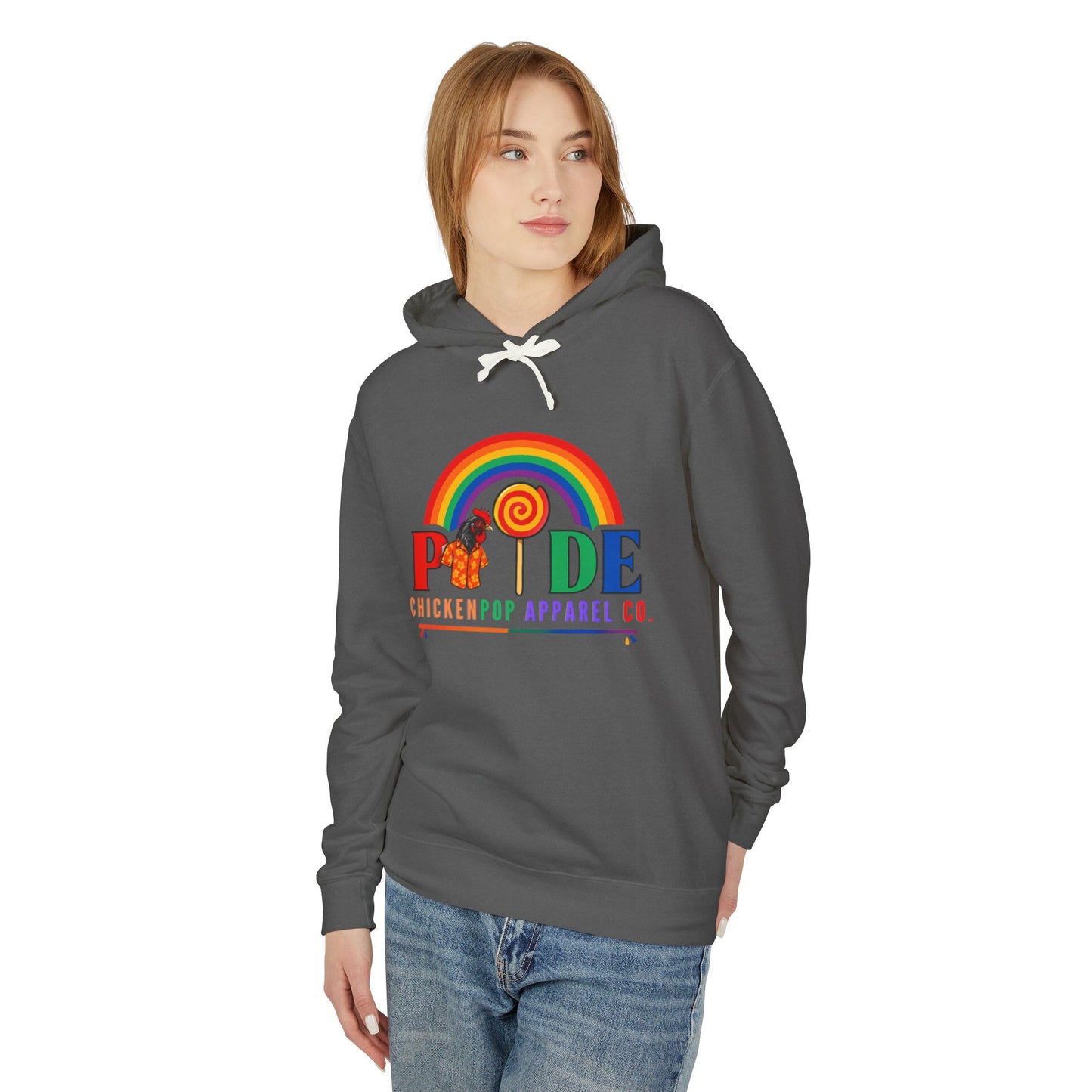 ChickenPop Apparel Co. Pride Rainbow Hoodie – Unisex LGBTQ Graphic Hoodie with Chicken & Lollipop Logo |