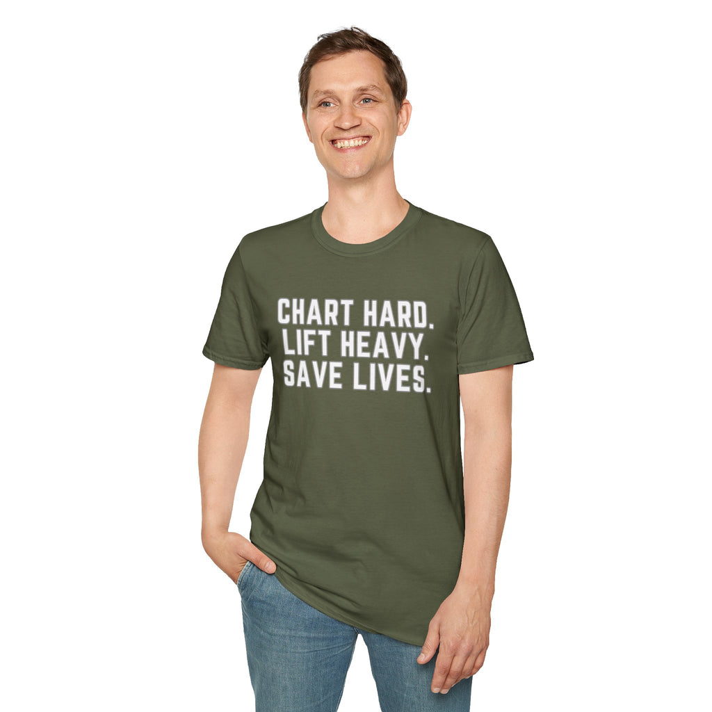 Chart Hard. Lift Heavy. Save Lives. Nurse Tee | Funny Fitness Healthcare Worker Shirt | Gym RN Apparel