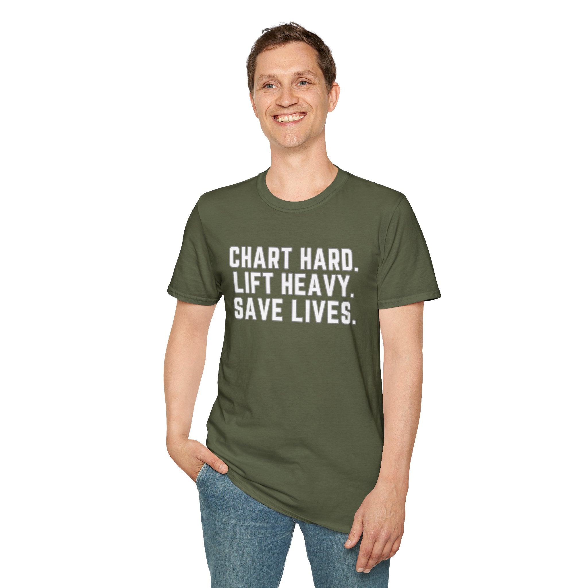 Chart Hard. Lift Heavy. Save Lives. Nurse Tee | Funny Fitness Healthcare Worker Shirt | Gym RN Apparel