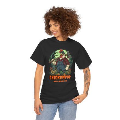 Unisex Zombie Chicken Shirt featuring a spooky cartoon chicken king with axe and forest background. Fun Halloween T-shirt for horror lovers.