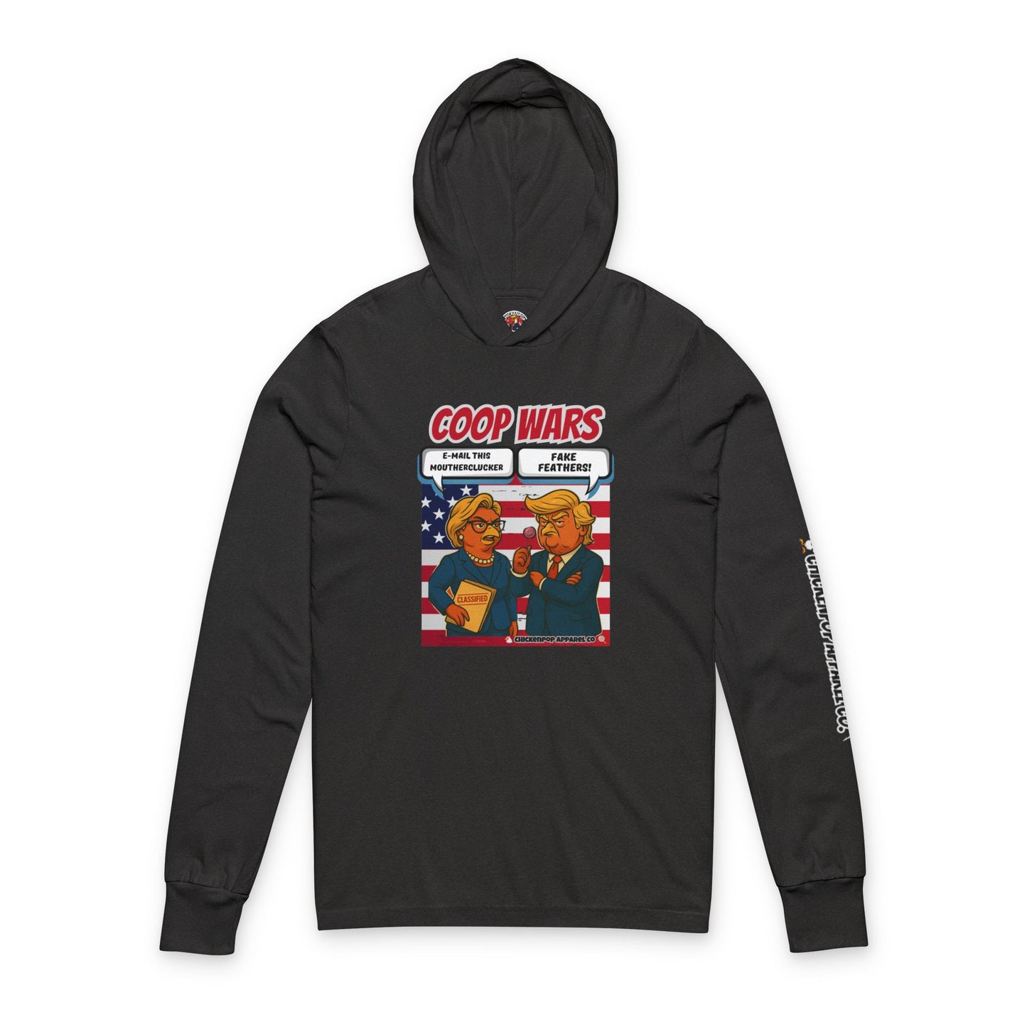Coop Wars Long Sleeve Hooded T-Shirt – Unisex Lightweight Hoodie Tee with ChickenPop Sleeve Logo | Funny Political Graphic Pullover for Everyday Rebels
