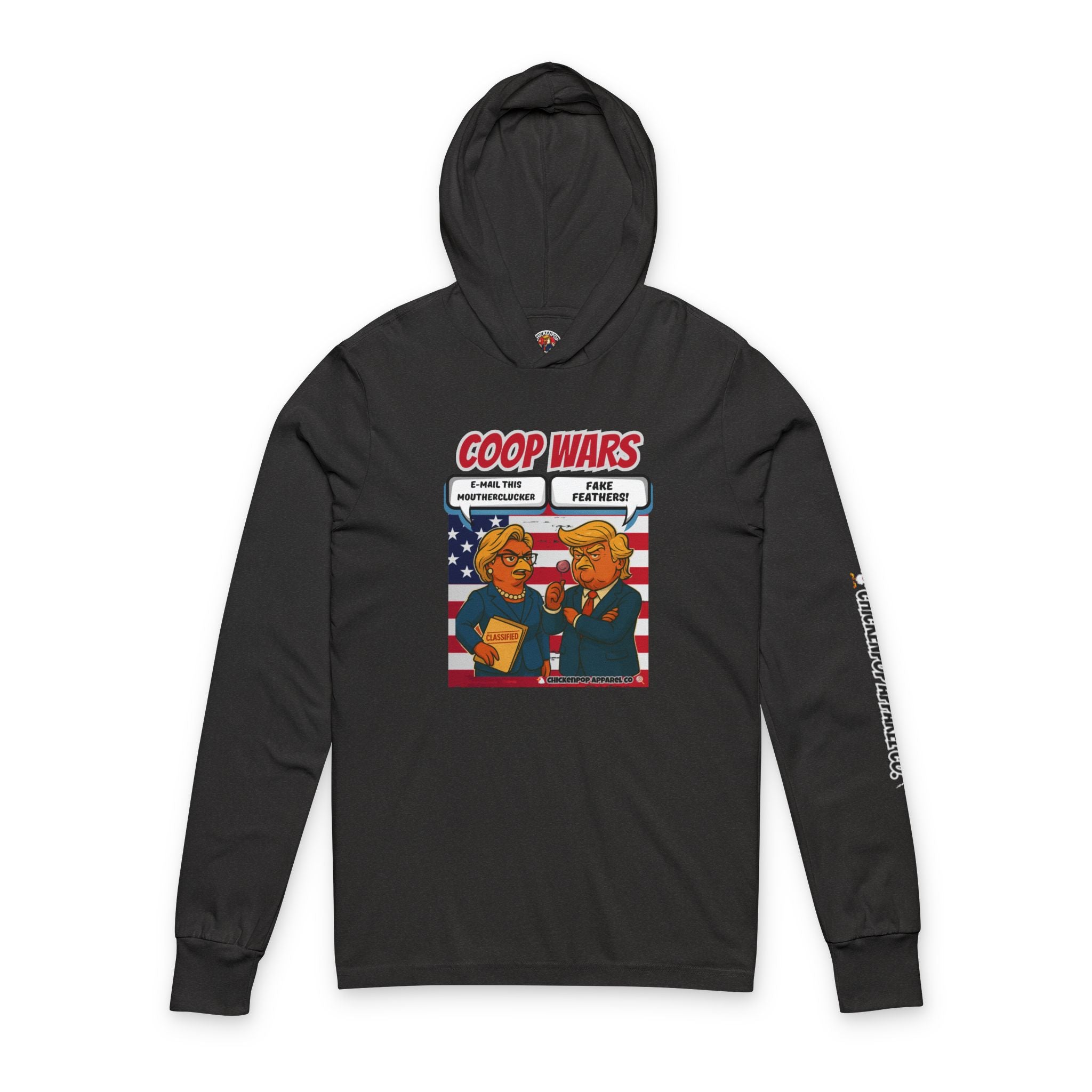 Coop Wars Long Sleeve Hooded T-Shirt – Unisex Lightweight Hoodie Tee with ChickenPop Sleeve Logo | Funny Political Graphic Pullover for Everyday Rebels