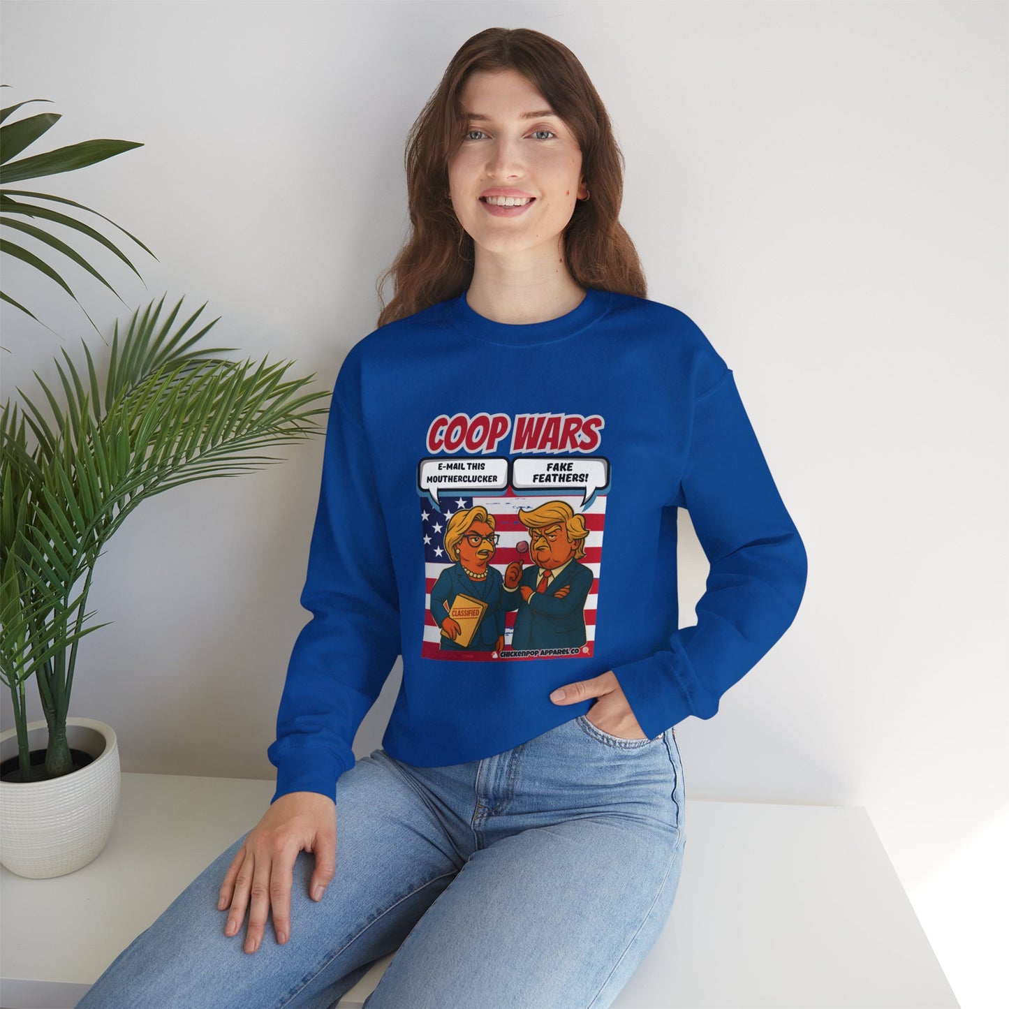 Coop Wars Crewneck Sweatshirt – Funny Political Graphic Pullover | Unisex Heavy Blend with ChickenPop Logo | Ethically Made & Cozy Cold-Weather Humor