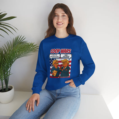 Coop Wars Crewneck Sweatshirt – Funny Political Graphic Pullover | Unisex Heavy Blend with ChickenPop Logo | Ethically Made & Cozy Cold-Weather Humor