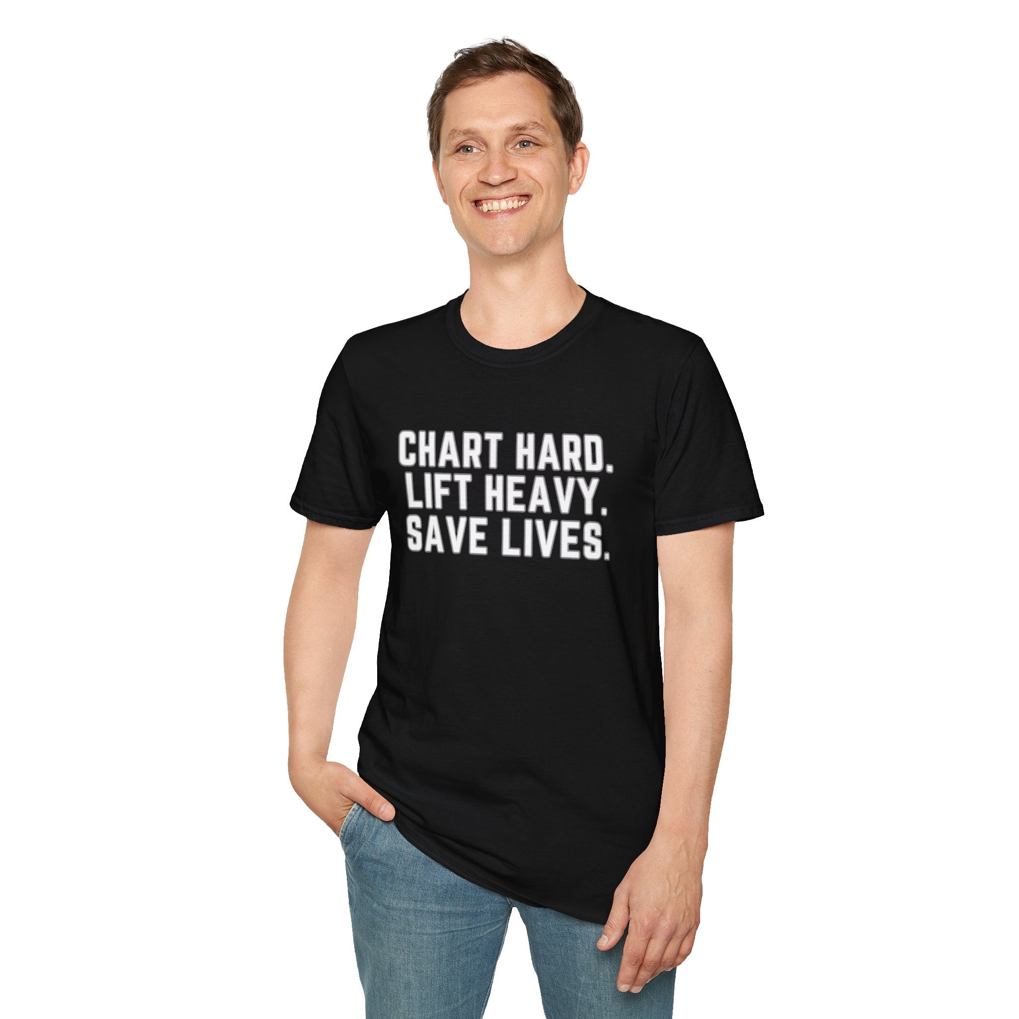 Chart Hard. Lift Heavy. Save Lives. Nurse Tee | Funny Fitness Healthcare Worker Shirt | Gym RN Apparel