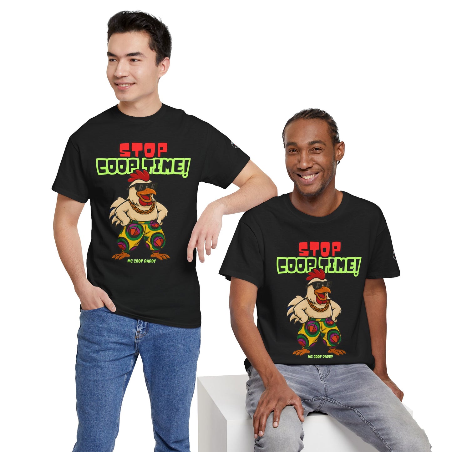 Stop COOP TIME! Funny Chicken T-Shirt – MC Coop Daddy 90s Hip Hop Parody Tee | Unisex Heavy Cotton | ChickenPop Apparel