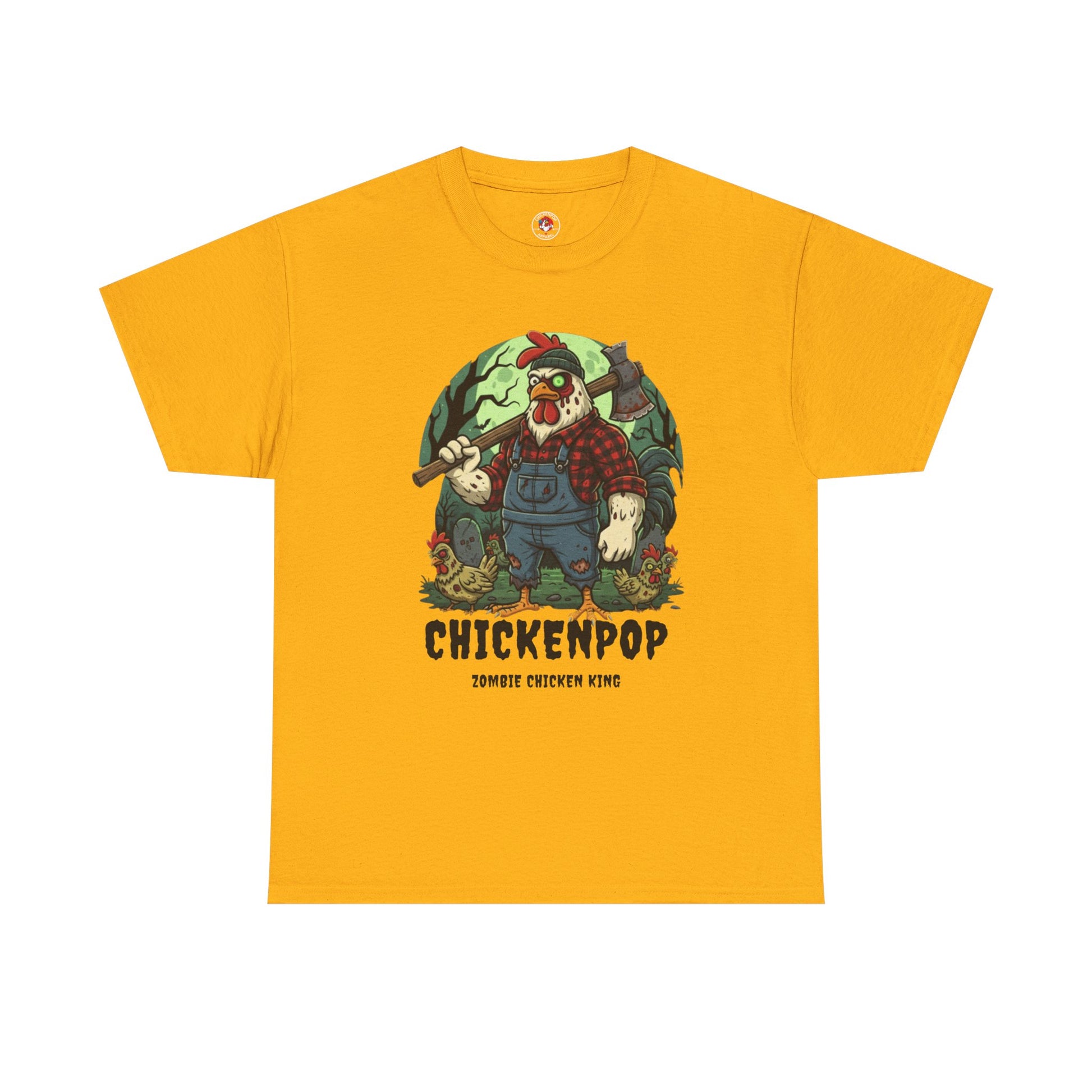 Zombie Chicken Shirt - King Halloween T-Shirt in yellow with spooky cartoon chicken lumberjack holding axe. Fun unisex tee for costume parties.