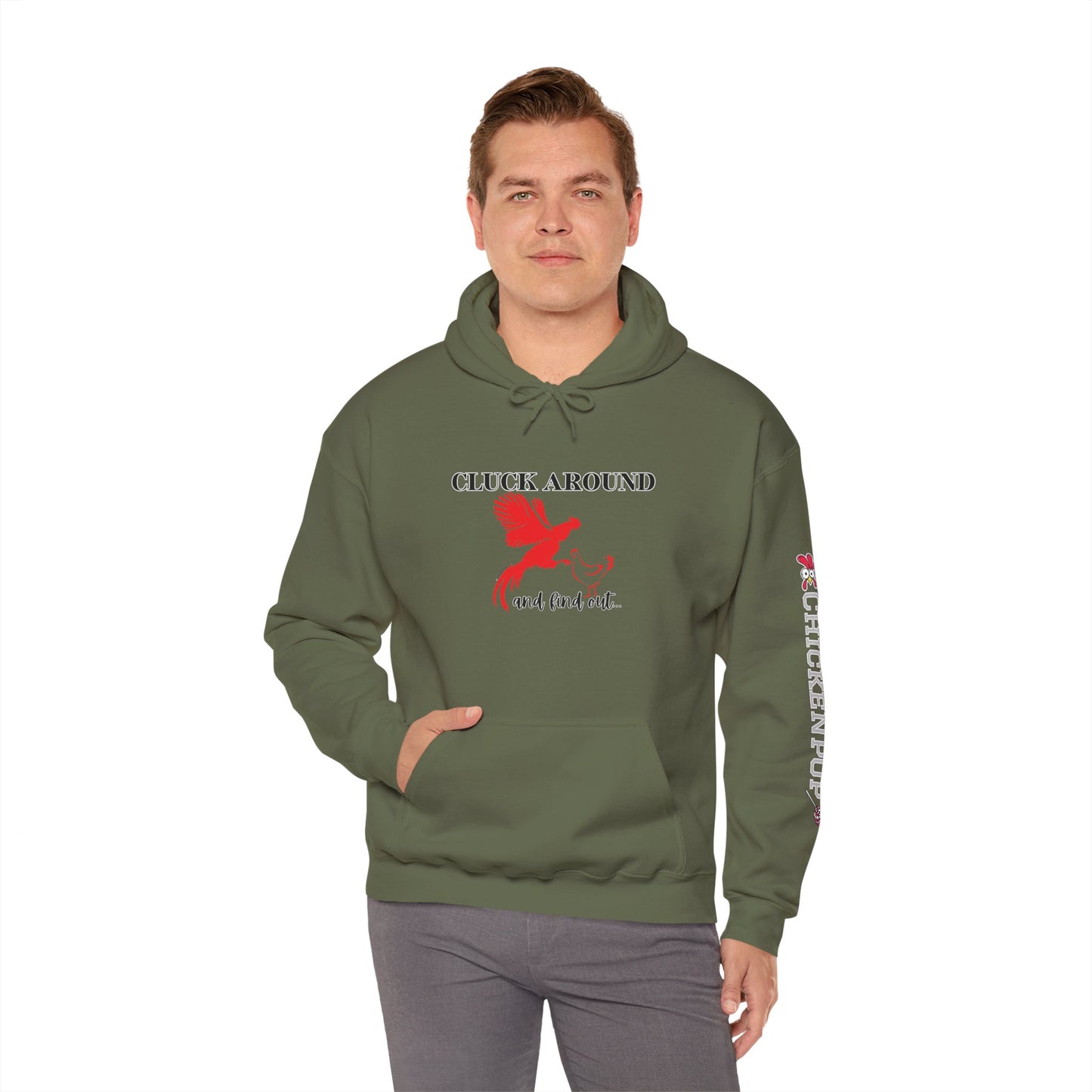 Cluck Around and Find Out Hoodie – Naughty Funny Chicken Hoodie with ChickenPop Logo Sleeve | Bold Unisex Graphic Sweatshirt
