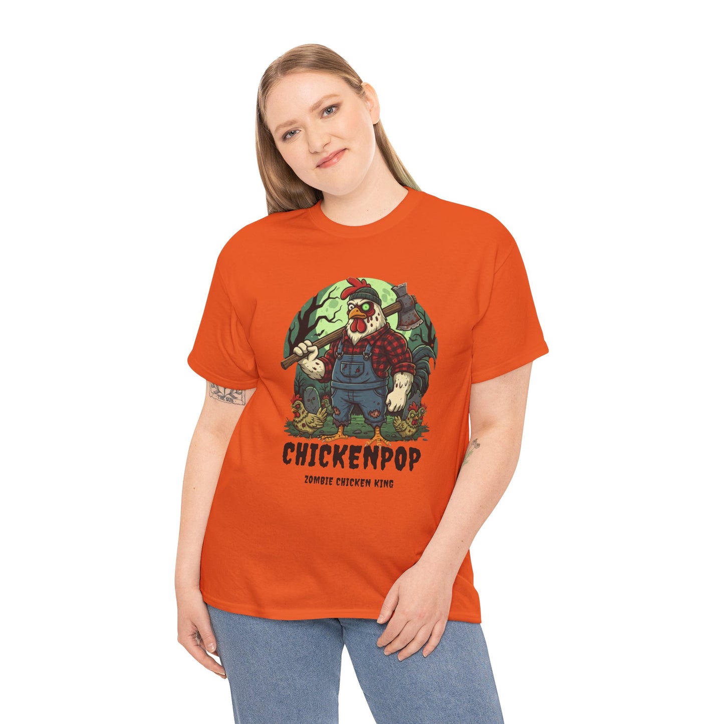 Zombie Chicken Shirt - King Halloween T-Shirt featuring a spooky cartoon chicken in overalls with axe, perfect for horror fans and costume parties.