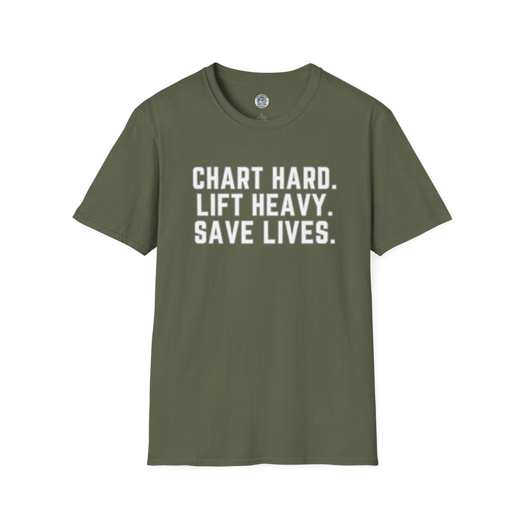 Chart Hard. Lift Heavy. Save Lives. Nurse Tee | Funny Fitness Healthcare Worker Shirt | Gym RN Apparel
