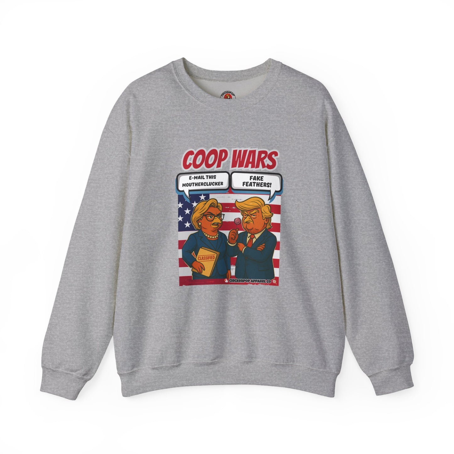 Coop Wars Crewneck Sweatshirt – Funny Political Graphic Pullover | Unisex Heavy Blend with ChickenPop Logo | Ethically Made & Cozy Cold-Weather Humor