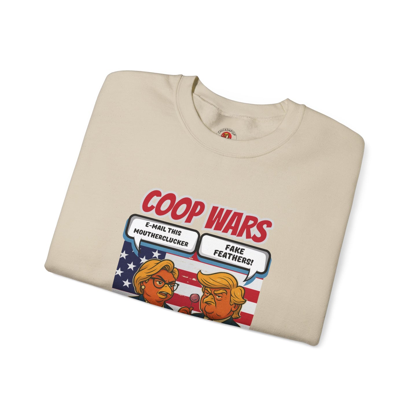 Coop Wars Crewneck Sweatshirt – Funny Political Graphic Pullover | Unisex Heavy Blend with ChickenPop Logo | Ethically Made & Cozy Cold-Weather Humor