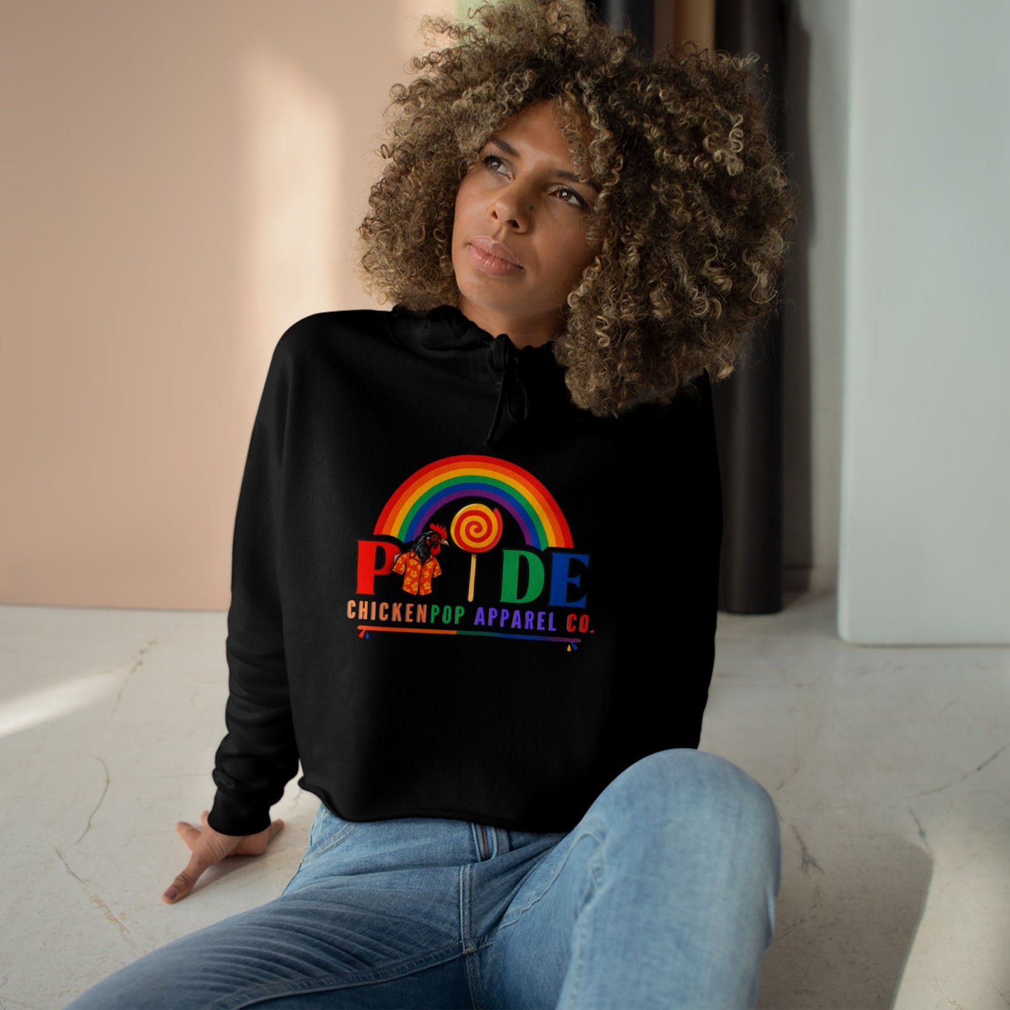Big Chick Energy™ Pride Cropped Hoodie – Rainbow LGBTQ+ Logo with Coop Daddy & Lollipop Icon | ChickenPop Apparel