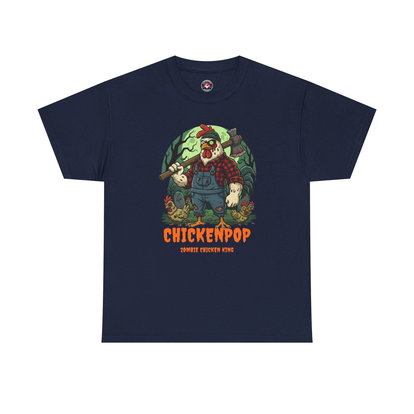 Zombie Chicken Shirt - King Halloween T-Shirt featuring a spooky chicken in overalls with an axe, surrounded by eerie forest and pumpkins. Perfect unisex funny tee for costume parties and horror fans.