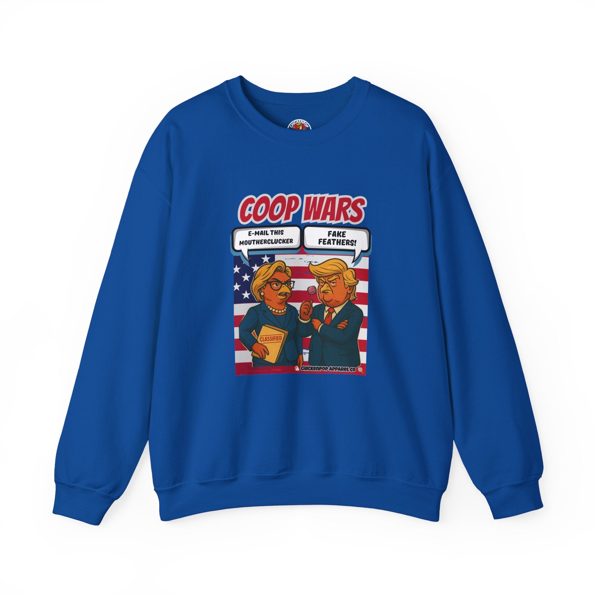 Coop Wars Crewneck Sweatshirt – Funny Political Graphic Pullover | Unisex Heavy Blend with ChickenPop Logo | Ethically Made & Cozy Cold-Weather Humor