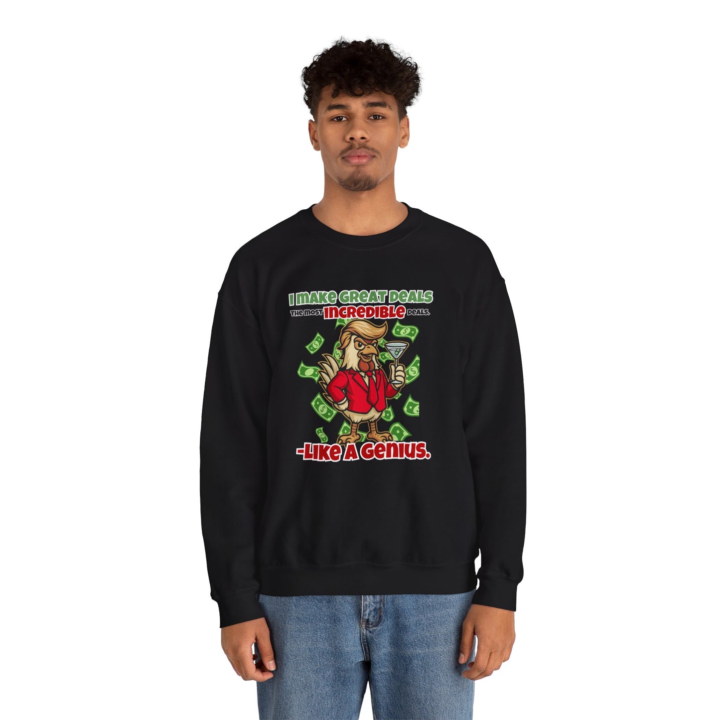 Like A Genius Crewneck Sweatshirt – Funny Political Graphic Pullover | Unisex Heavy Blend with ChickenPop Logo | Ethically Made & Cozy Cold-Weather Humor