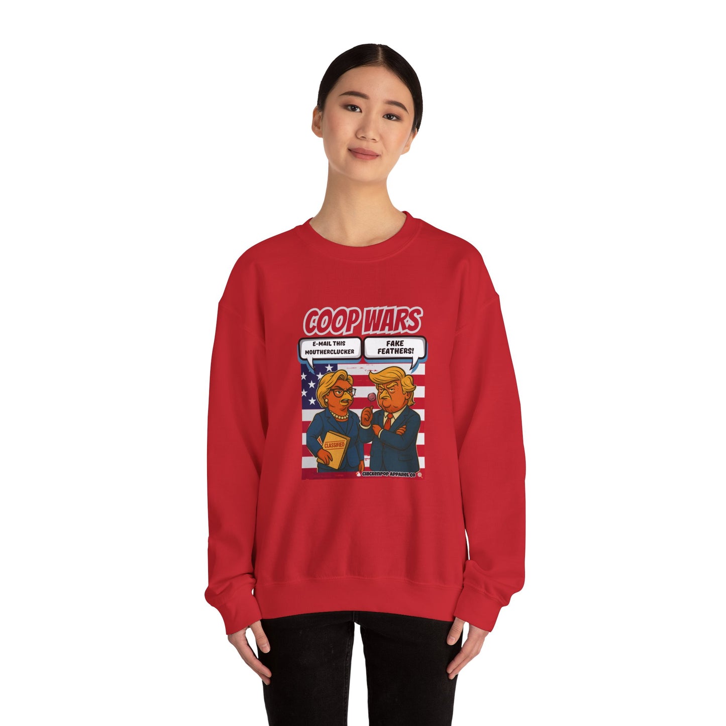 Coop Wars Crewneck Sweatshirt – Funny Political Graphic Pullover | Unisex Heavy Blend with ChickenPop Logo | Ethically Made & Cozy Cold-Weather Humor