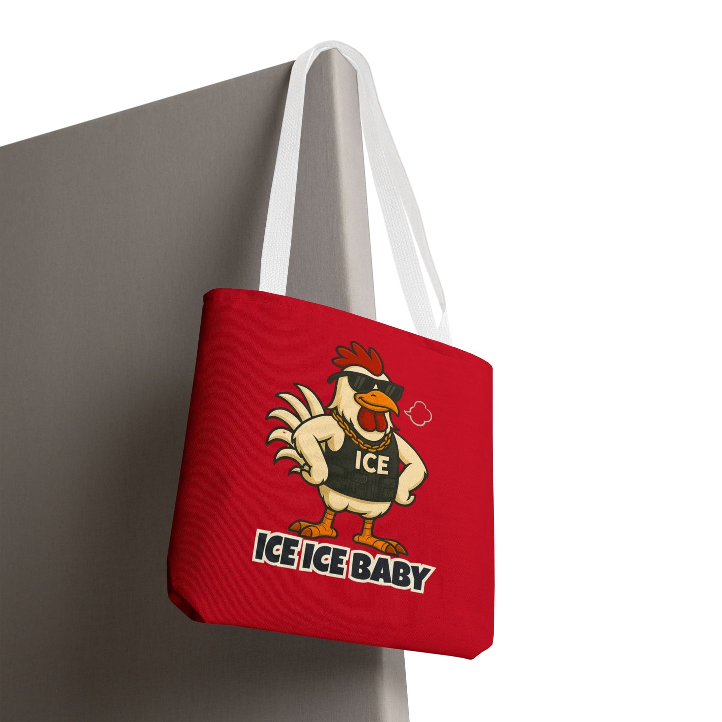 Ice Ice Baby Chicken Tote Bag – Funny Coop Daddy Design, Bold Red Reusable Shopping Bag