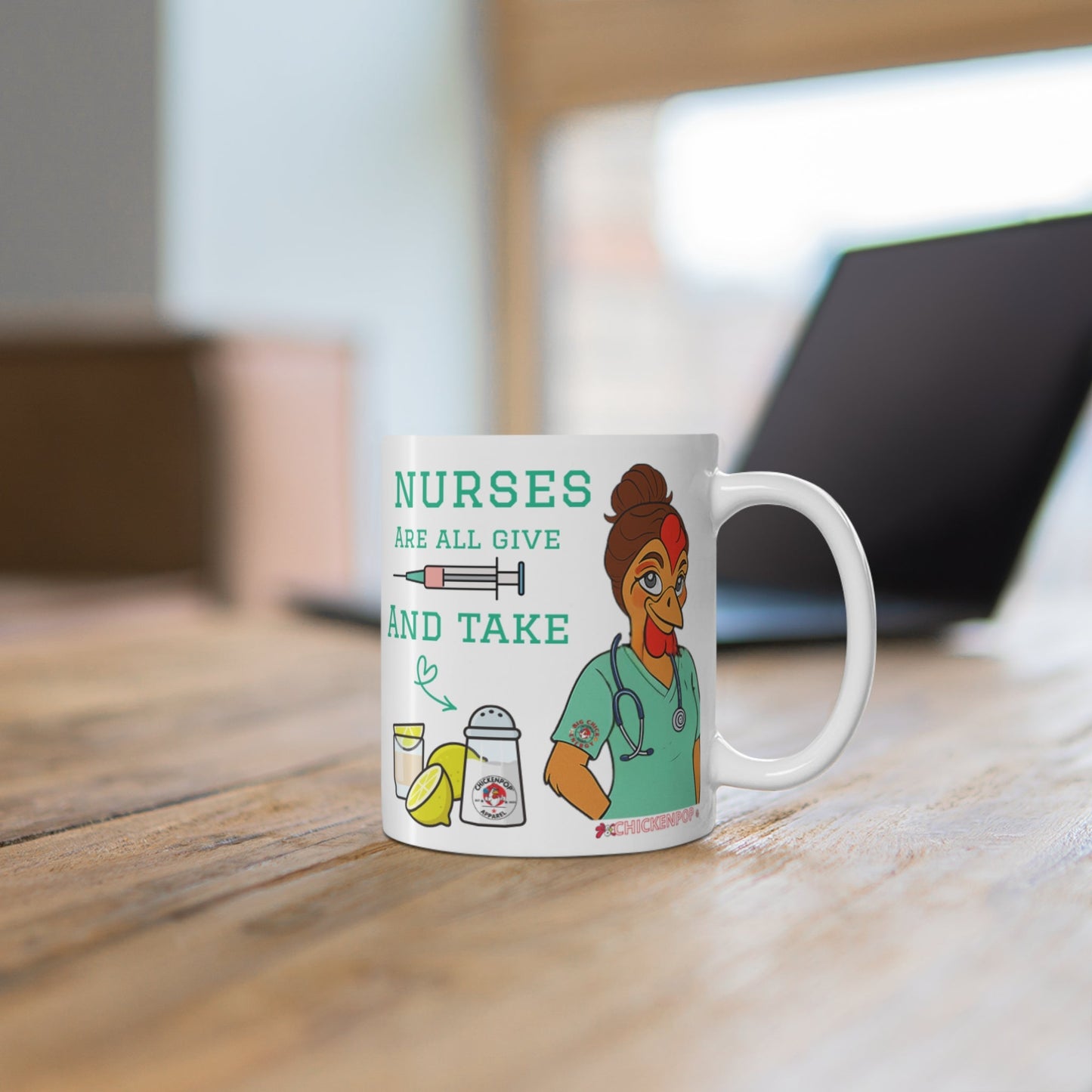 Nurses Are All Give and Take Mug – Funny Nurse Coffee Cup with Sassy Chicken Nurse | 11oz Ceramic, Dishwasher & Microwave Safe