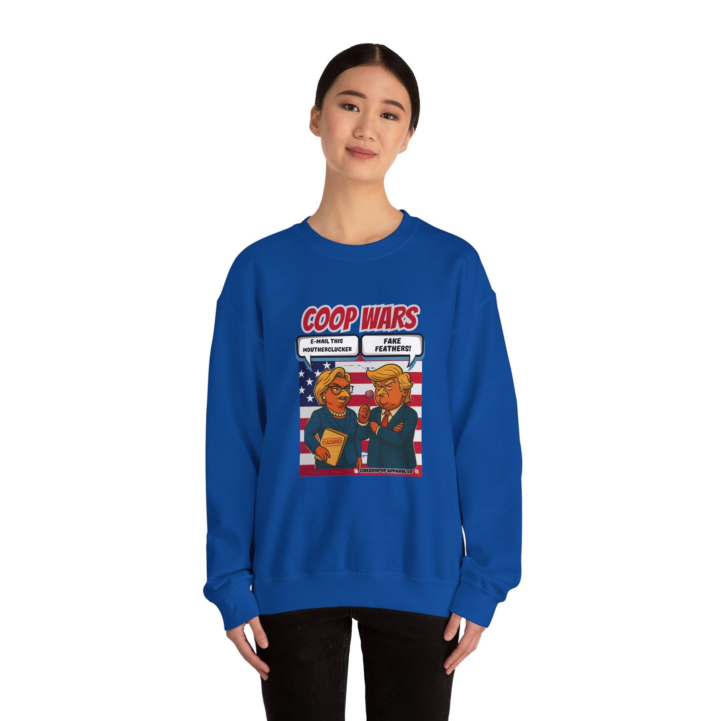 Coop Wars Crewneck Sweatshirt – Funny Political Graphic Pullover | Unisex Heavy Blend with ChickenPop Logo | Ethically Made & Cozy Cold-Weather Humor