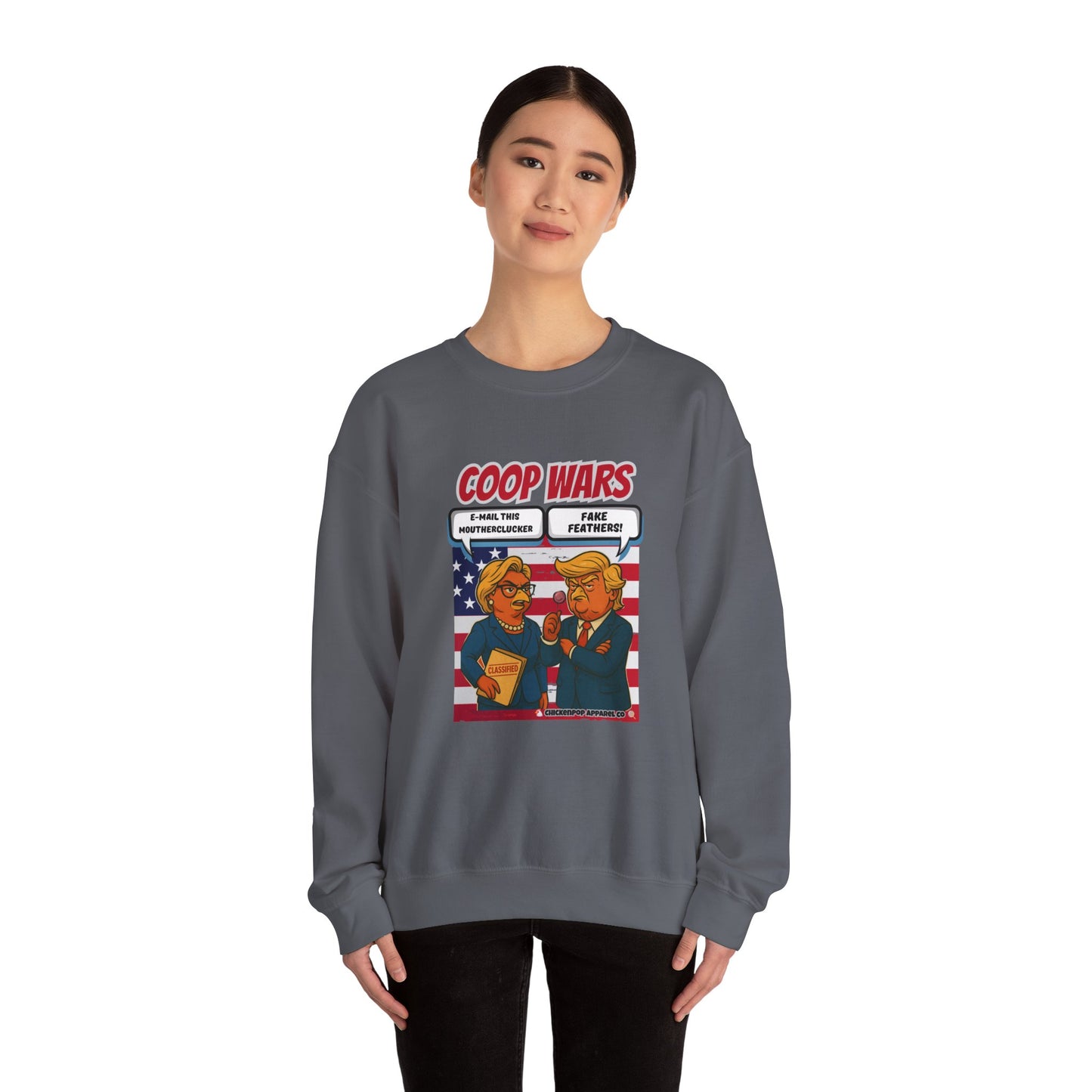 Coop Wars Crewneck Sweatshirt – Funny Political Graphic Pullover | Unisex Heavy Blend with ChickenPop Logo | Ethically Made & Cozy Cold-Weather Humor