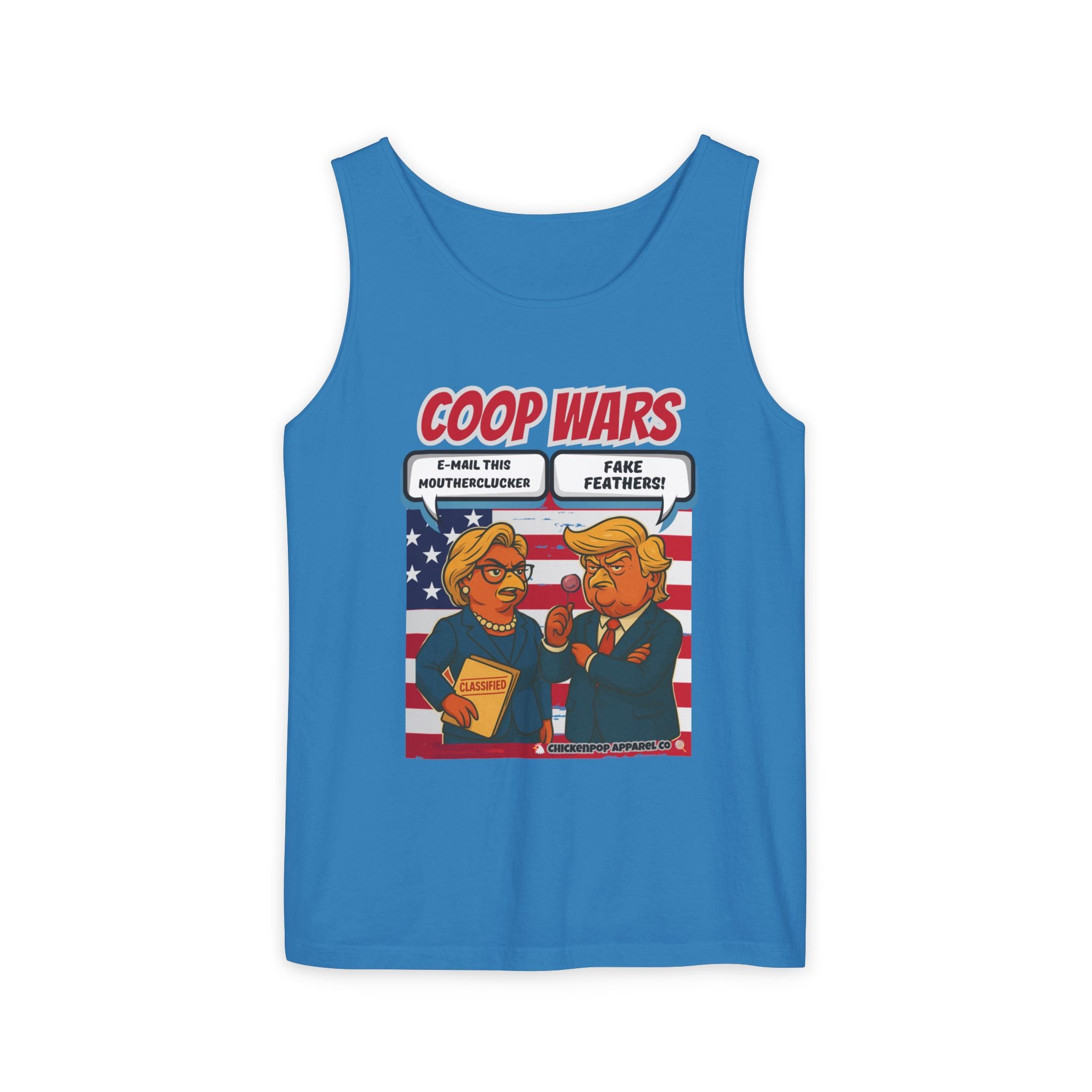 Coop Wars™ Unisex Tank Top – Hilaregg Cluckton vs. Cock-a-Doodle-Don | Political Satire Sleeveless Tee