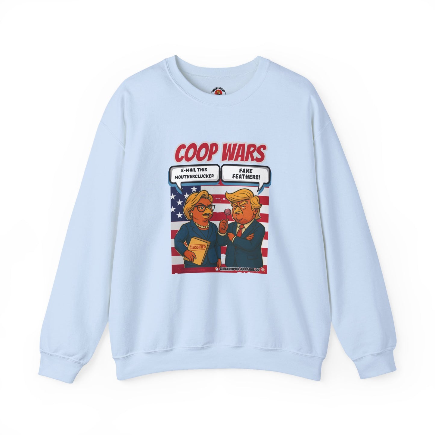 Coop Wars Crewneck Sweatshirt – Funny Political Graphic Pullover | Unisex Heavy Blend with ChickenPop Logo | Ethically Made & Cozy Cold-Weather Humor