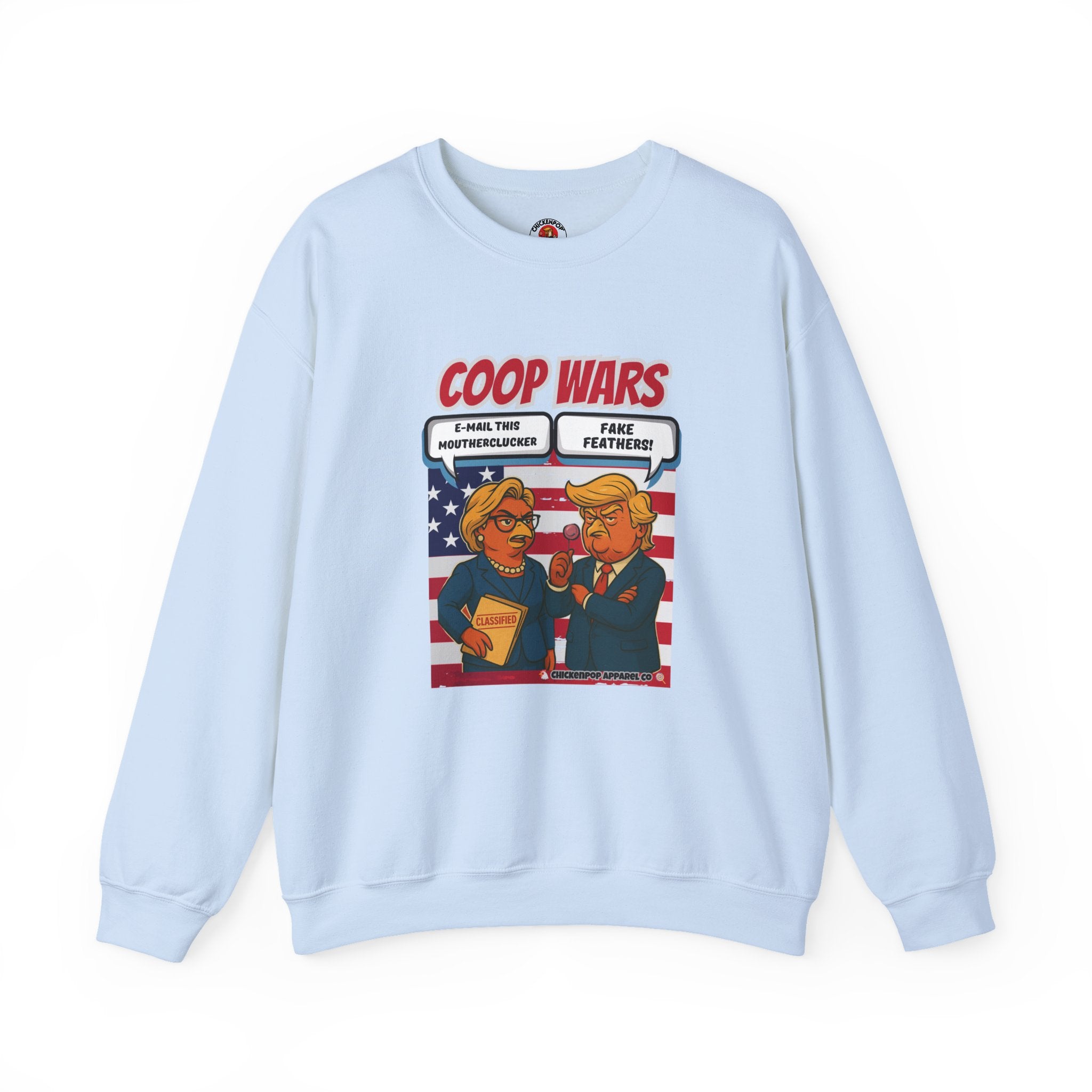 Coop Wars Crewneck Sweatshirt – Funny Political Graphic Pullover | Unisex Heavy Blend with ChickenPop Logo | Ethically Made & Cozy Cold-Weather Humor