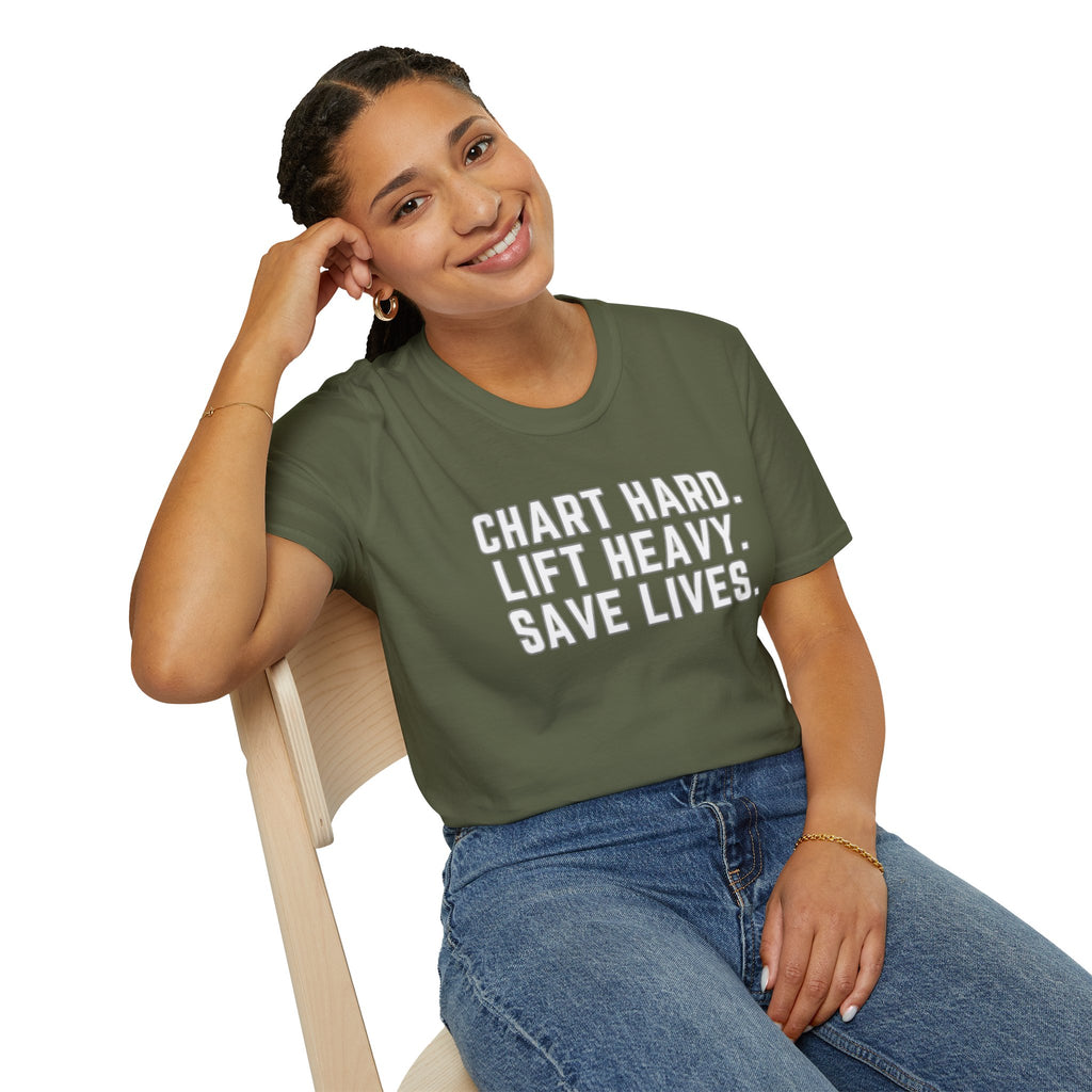 Chart Hard. Lift Heavy. Save Lives. Nurse Tee | Funny Fitness Healthcare Worker Shirt | Gym RN Apparel