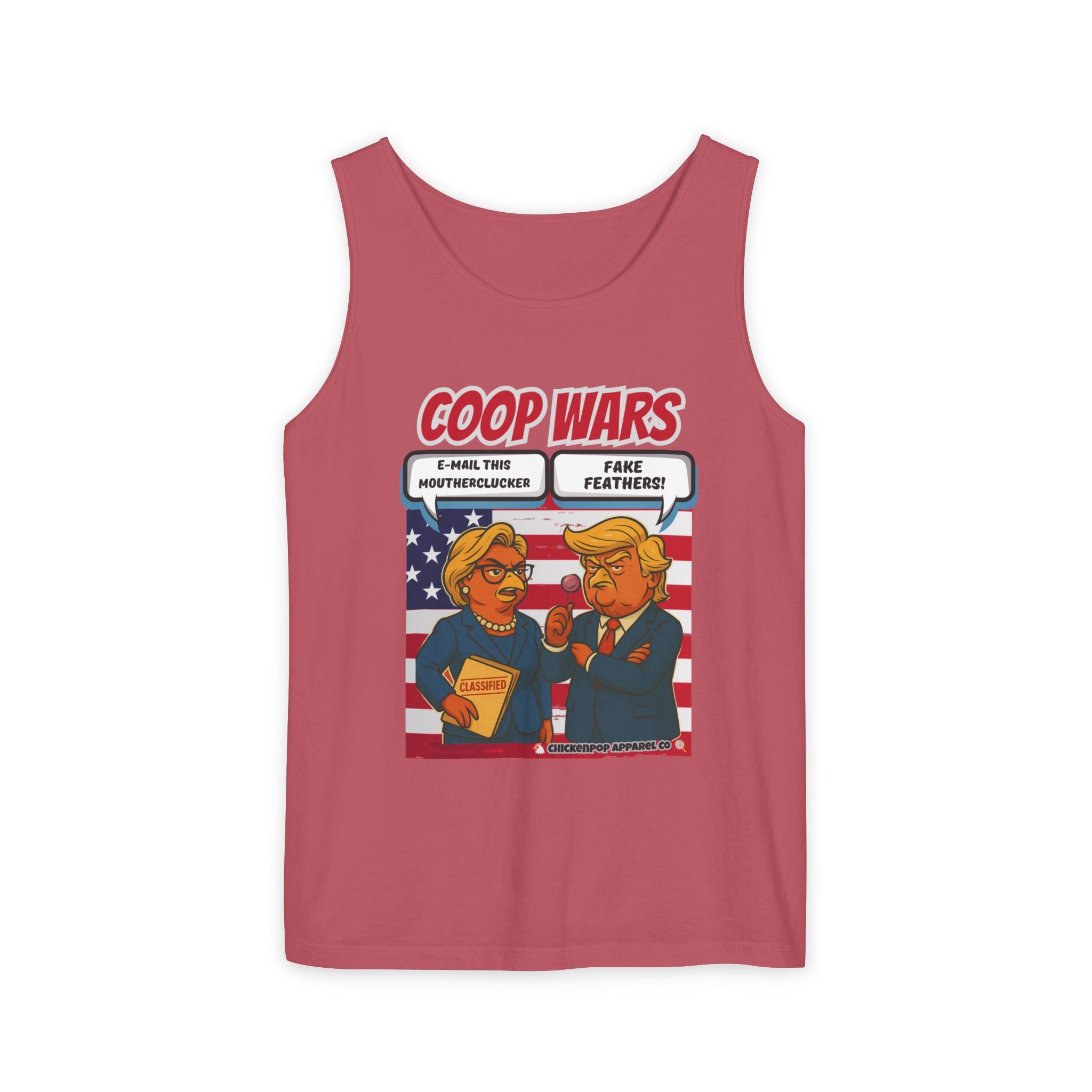 Coop Wars™ Unisex Tank Top – Hilaregg Cluckton vs. Cock-a-Doodle-Don | Political Satire Sleeveless Tee
