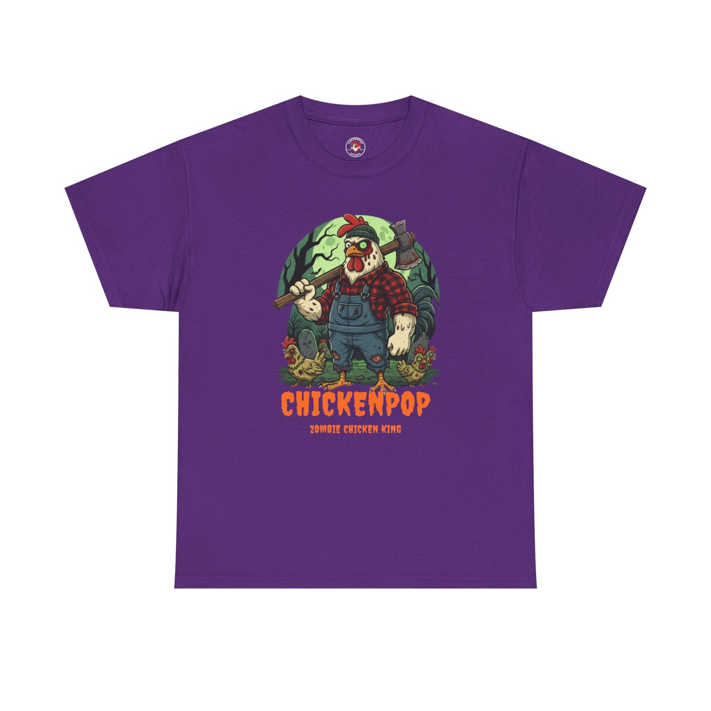 Zombie Chicken Shirt - King Halloween T-Shirt in purple featuring a spooky chicken lumberjack with axe and forest background. Unisex fun graphic tee.
