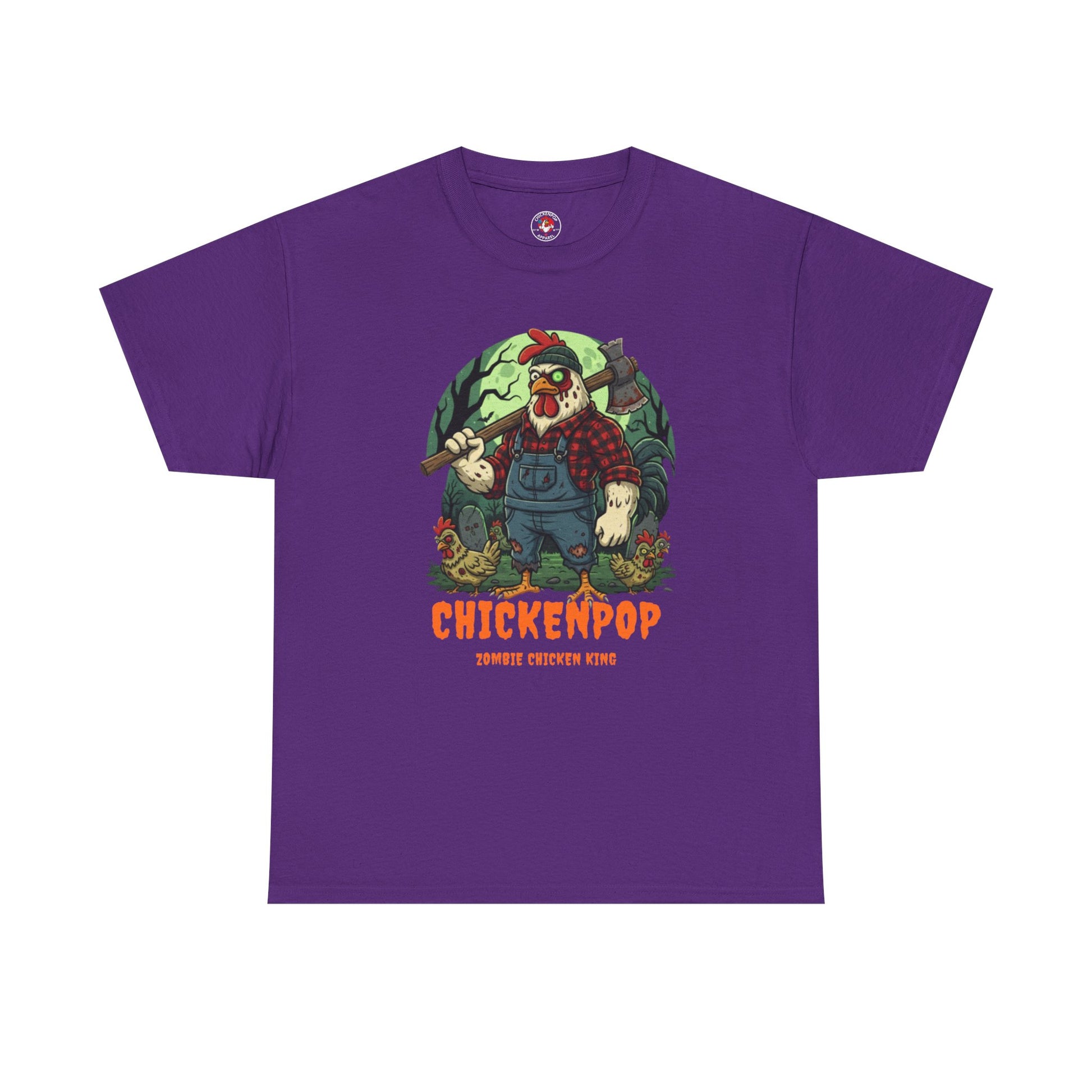 Zombie Chicken Shirt - King Halloween T-Shirt in purple featuring a spooky chicken lumberjack with axe and forest background. Unisex fun graphic tee.