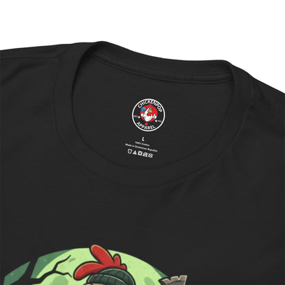 Close-up of Zombie Chicken Shirt neckline with Chickavindoo Apparel logo tag on black cotton fabric. Unisex Halloween T-shirt with spooky chicken design.
