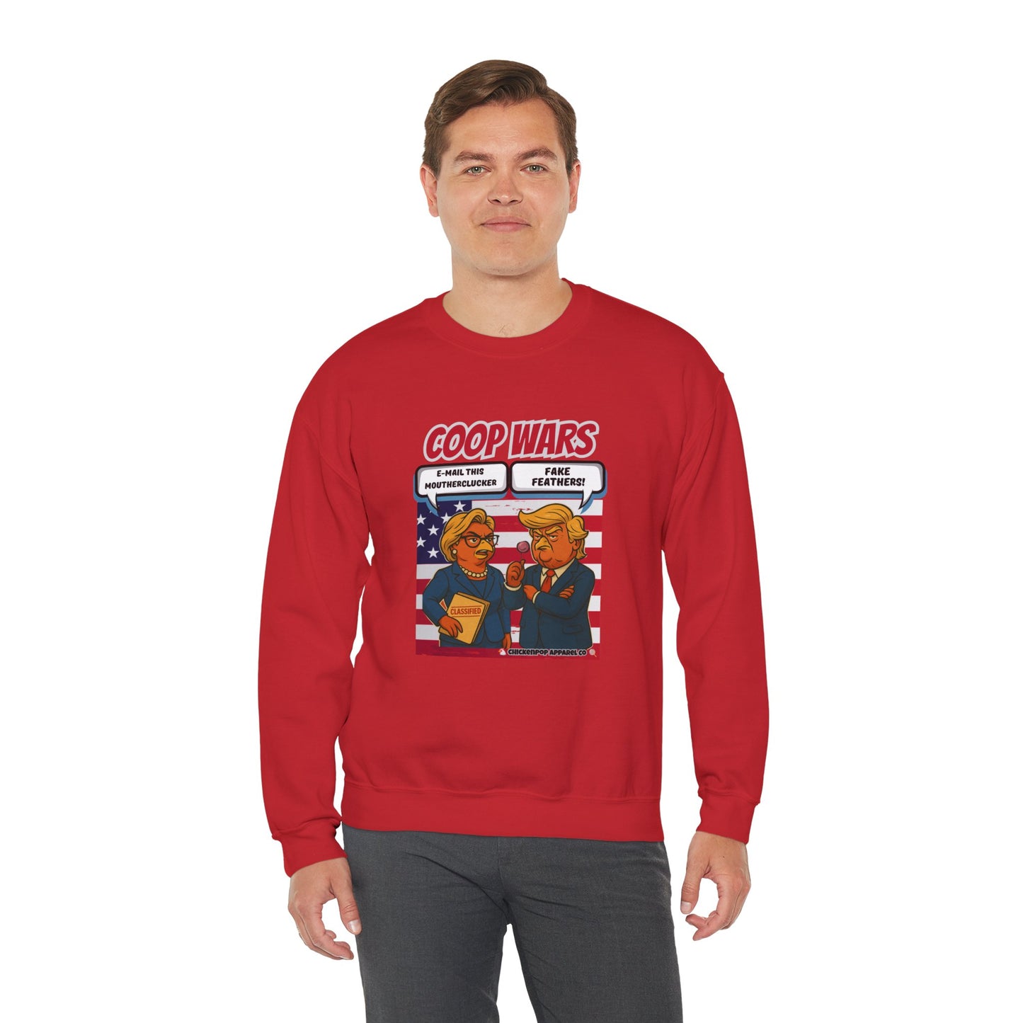 Coop Wars Crewneck Sweatshirt – Funny Political Graphic Pullover | Unisex Heavy Blend with ChickenPop Logo | Ethically Made & Cozy Cold-Weather Humor