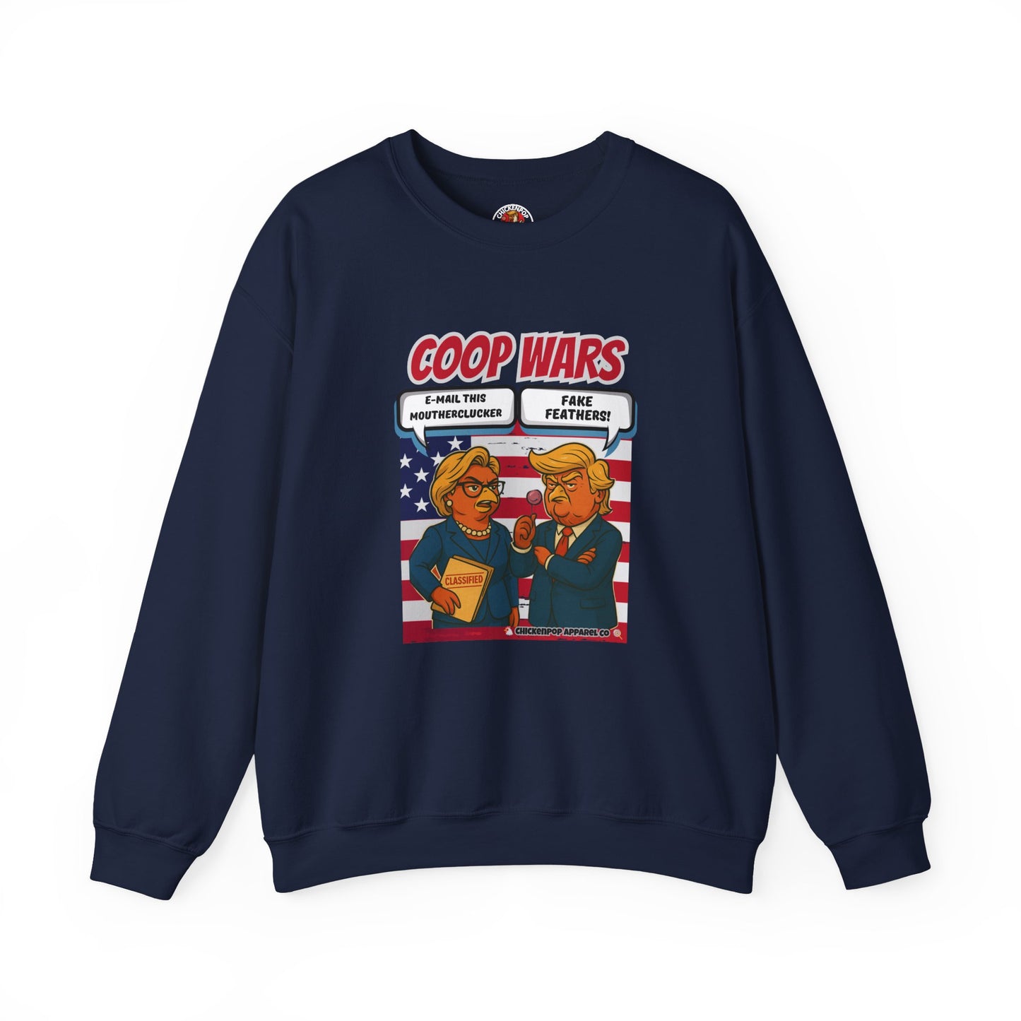 Coop Wars Crewneck Sweatshirt – Funny Political Graphic Pullover | Unisex Heavy Blend with ChickenPop Logo | Ethically Made & Cozy Cold-Weather Humor