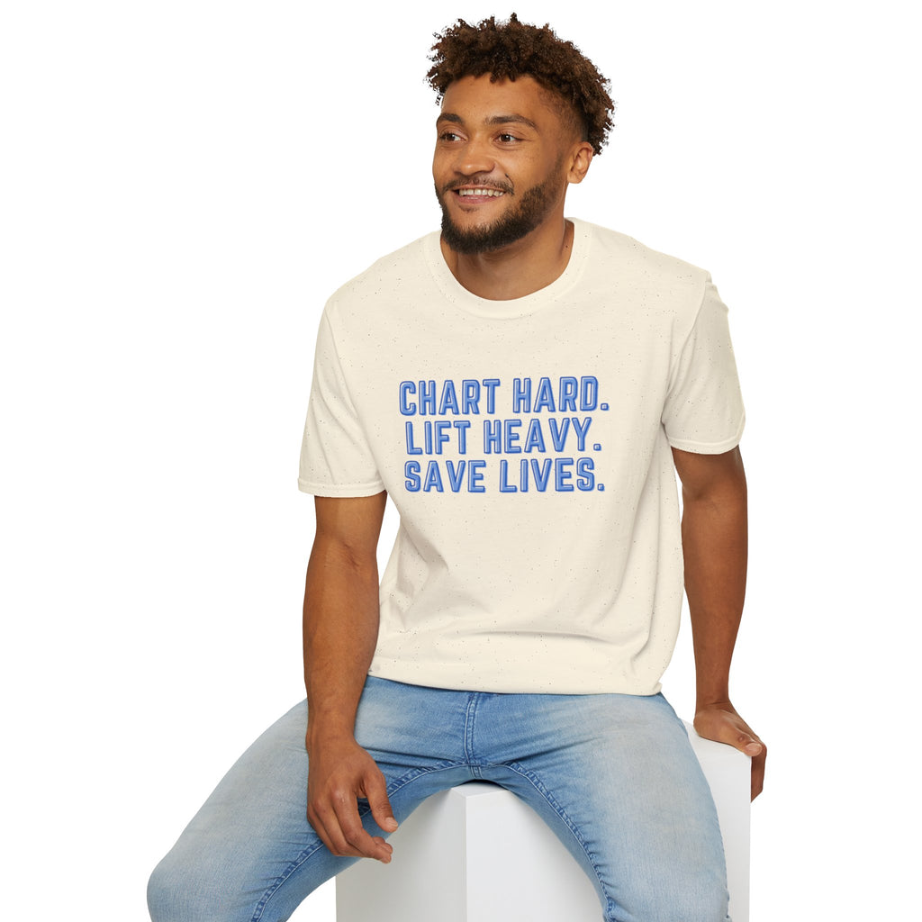 Chart Hard. Lift Heavy. Save Lives. Nurse Tee | Funny Fitness Healthcare Worker Shirt | Gym RN Apparel