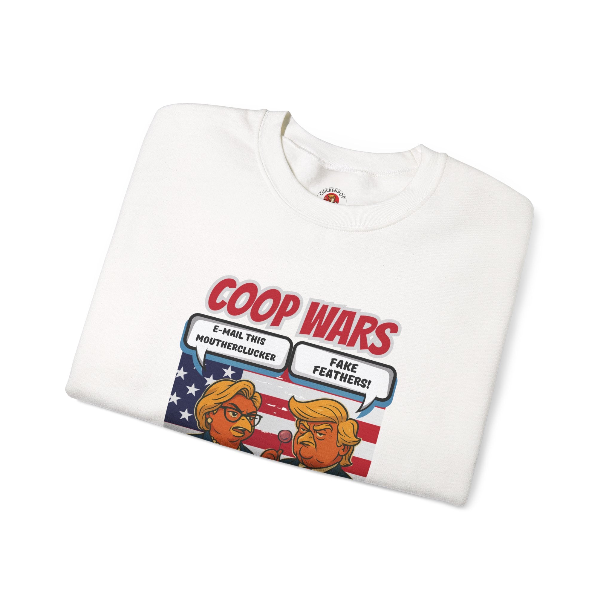 Coop Wars Crewneck Sweatshirt – Funny Political Graphic Pullover | Unisex Heavy Blend with ChickenPop Logo | Ethically Made & Cozy Cold-Weather Humor