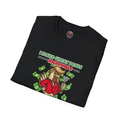 Cock-a-Doodle-Don “Like a Genius” Money Deal Rooster Tee – Funny Political Satire Shirt | ChickenPop Apparel Co.