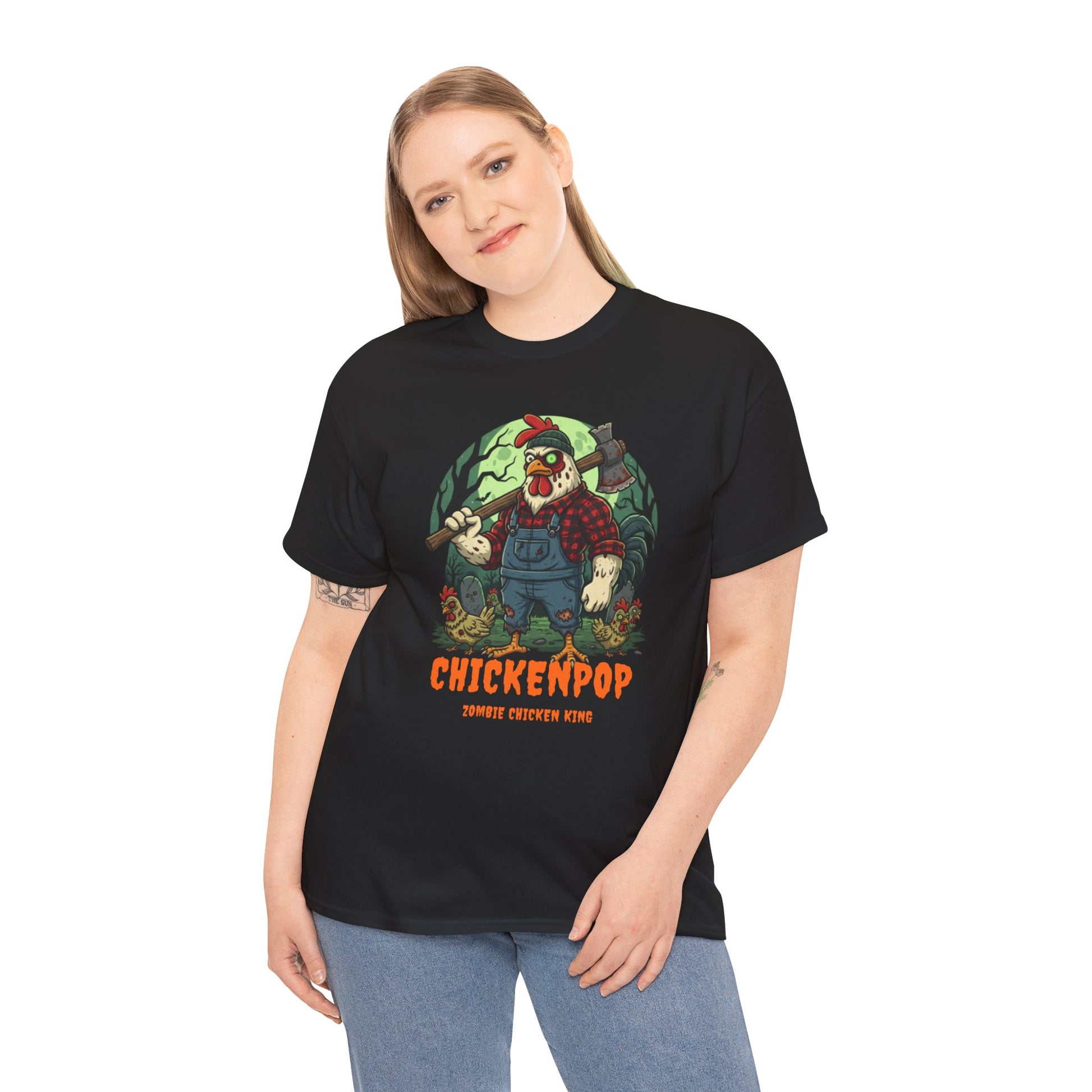 Unisex Zombie Chicken Shirt featuring a spooky cartoon chicken king in overalls and crown, perfect for Halloween parties and horror fans.