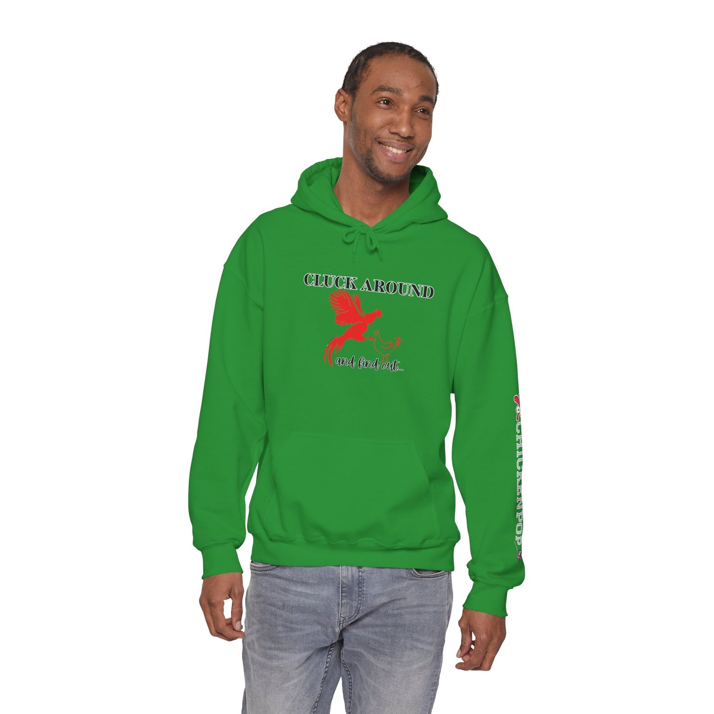 Cluck Around and Find Out Hoodie – Naughty Funny Chicken Hoodie with ChickenPop Logo Sleeve | Bold Unisex Graphic Sweatshirt