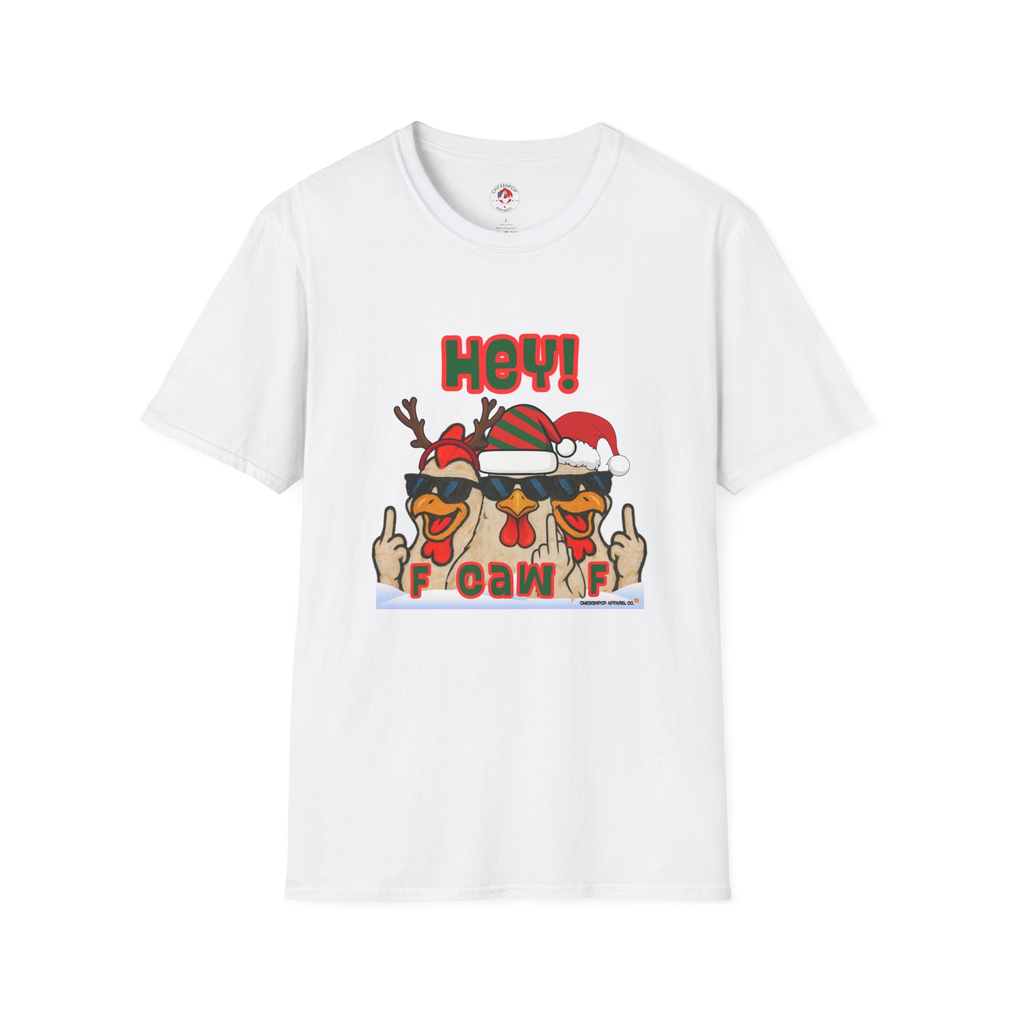 Hey! F CAW F Christmas Chicken T-Shirt | Funny Holiday Rooster Tee