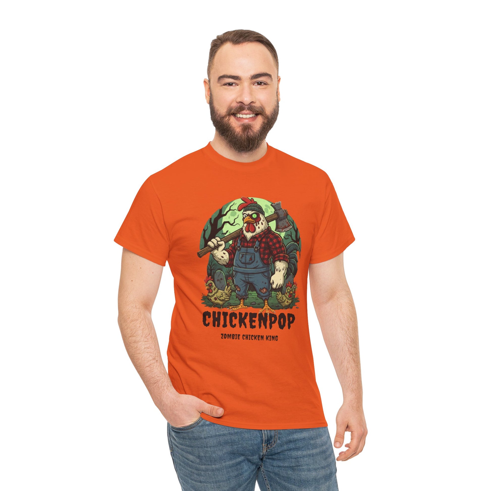 Zombie Chicken Shirt - King Halloween T-Shirt in orange featuring a spooky undead chicken in overalls with forest background. Unisex funny graphic tee.