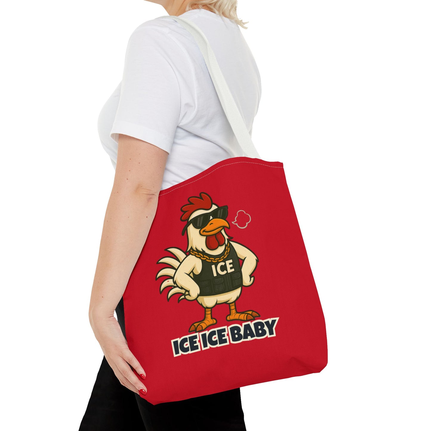 Ice Ice Baby Chicken Tote Bag – Funny Coop Daddy Design, Bold Red Reusable Shopping Bag